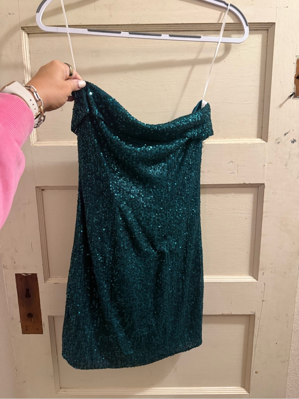 Hello Molly Emerald Green Sequin Off Shoulder Mini Dress S
